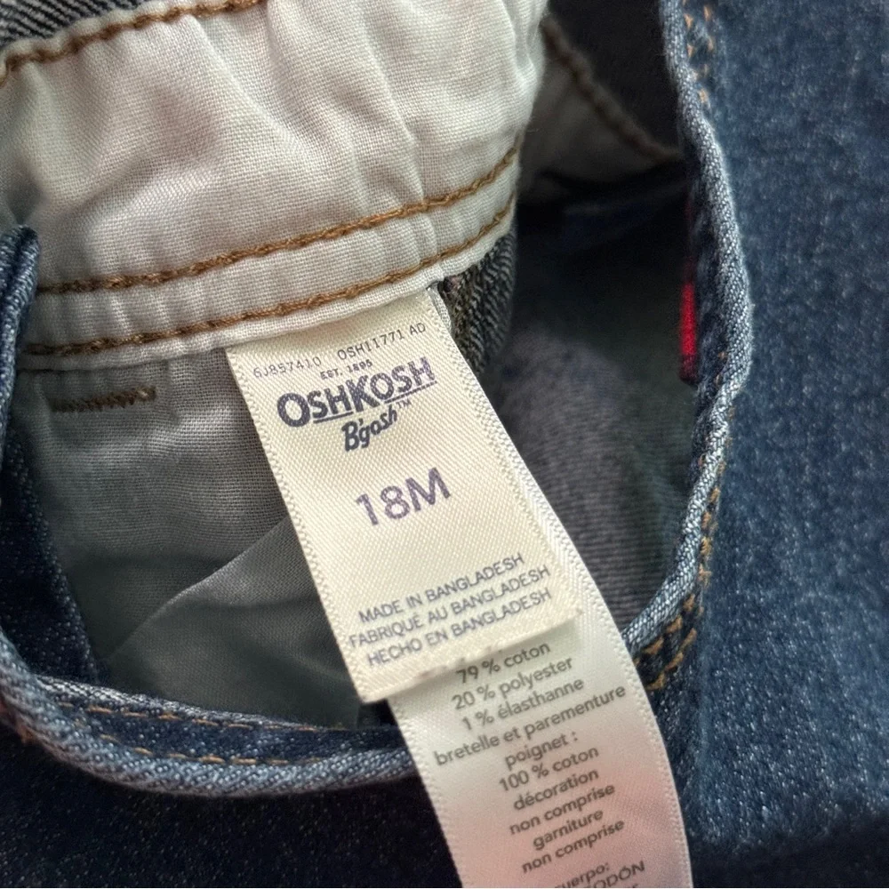 OshKosh B'Gosh 18 MONTHS Denim Vestbak Denim Overalls Plaid Cuffs